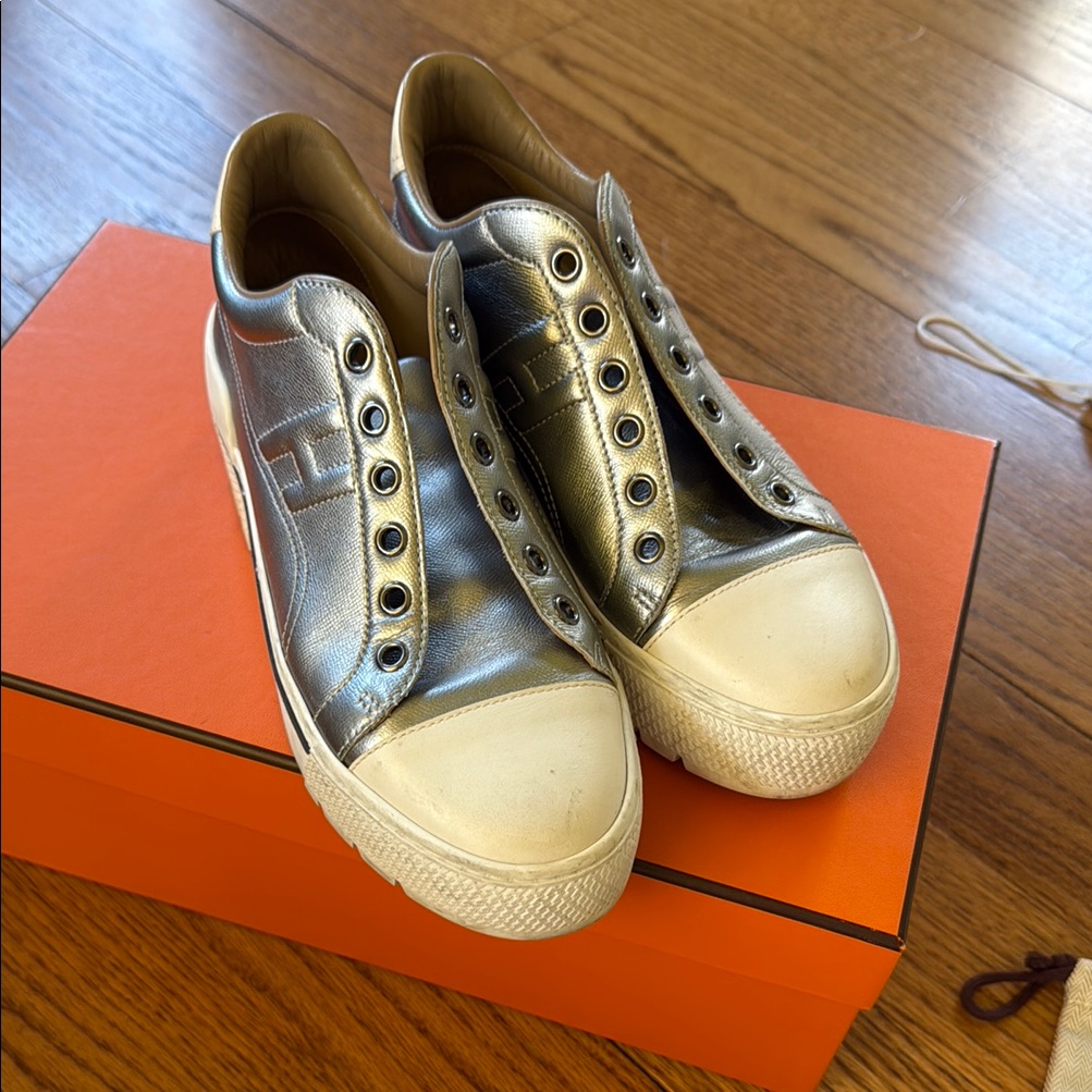 Hermes Metallic Silver Leather Slip-On Sneakers